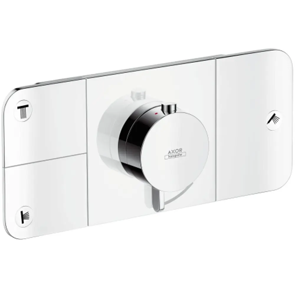 Thermostatmodul von AXOR in Chrom für Unterputzinstallation, mit einem zentralen Bedienregler und Symbolen für Duschen und Wasserhähne.